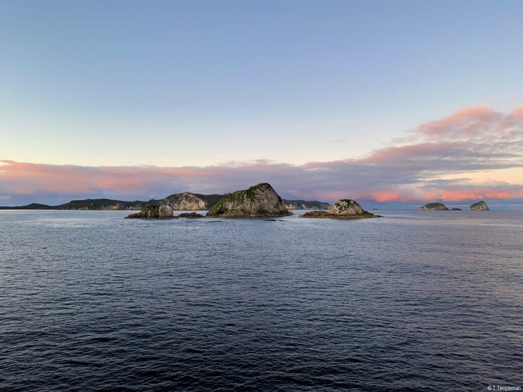 Sailing into Port Davey at sunrise